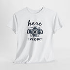 Hiking Tee — "Here for the View" Camera  And Mountain Graphic Shirt
