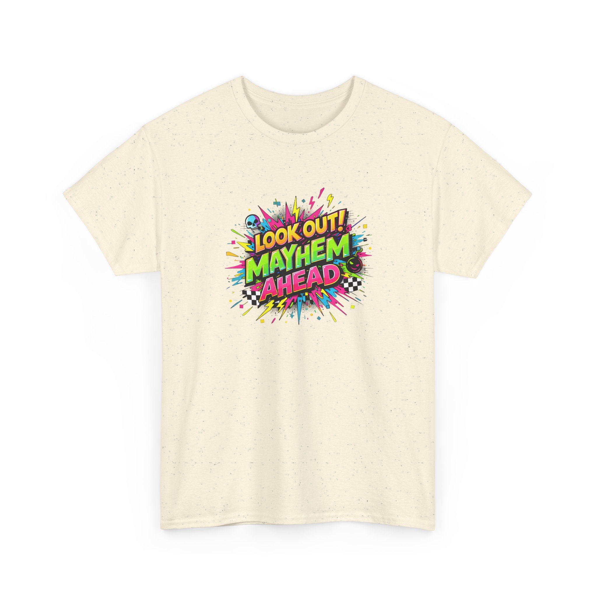 Look Out! Mayhem Ahead Graphic Tee — Colorful Retro Comic Humor Shirt