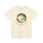 a beach graphic with palm trees and ocean in the middle with the text 'vacation state of mind'