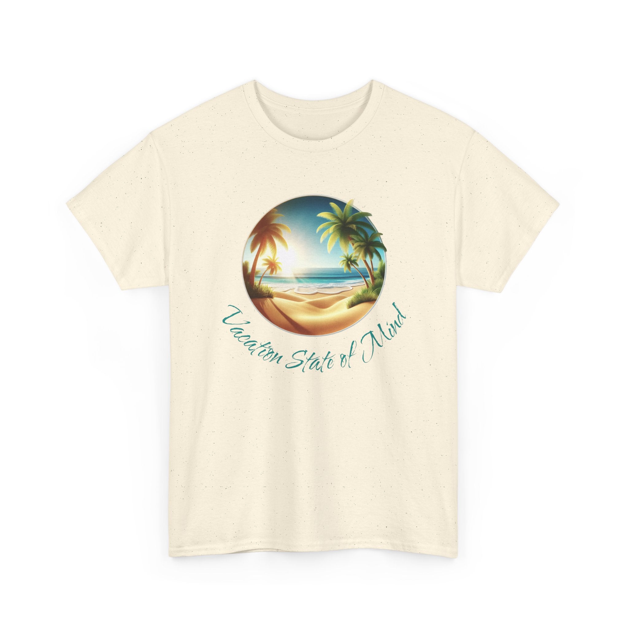 a beach graphic with palm trees and ocean in the middle with the text 'vacation state of mind'