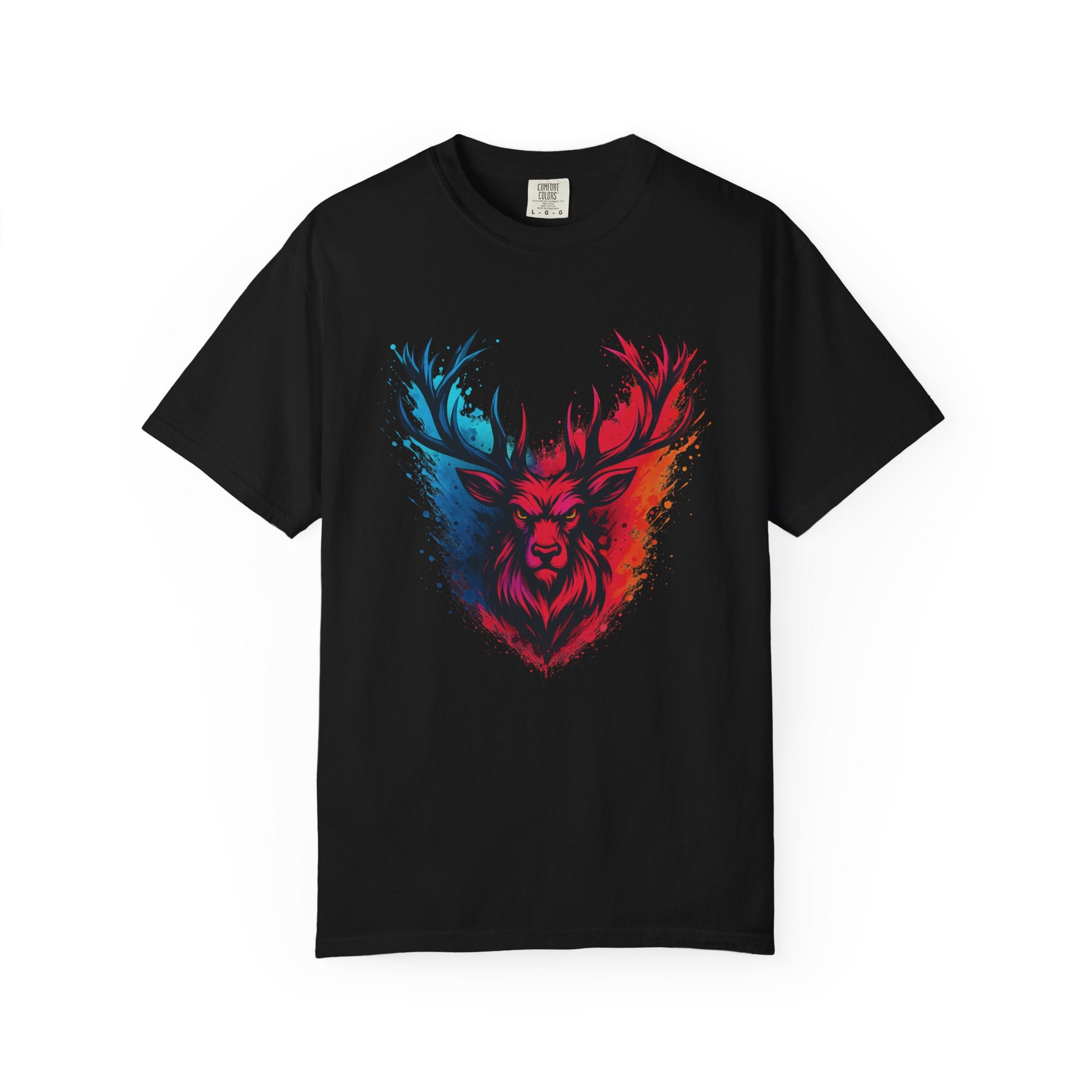 Stag Split-Color Splash T-Shirt — Red & Blue Deer Head Graphic