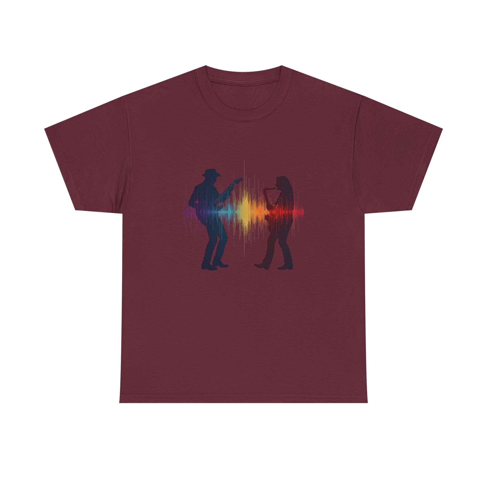 Music Lovers T‑Shirt – Guitarist & Singer Silhouette with Colorful Soundwave