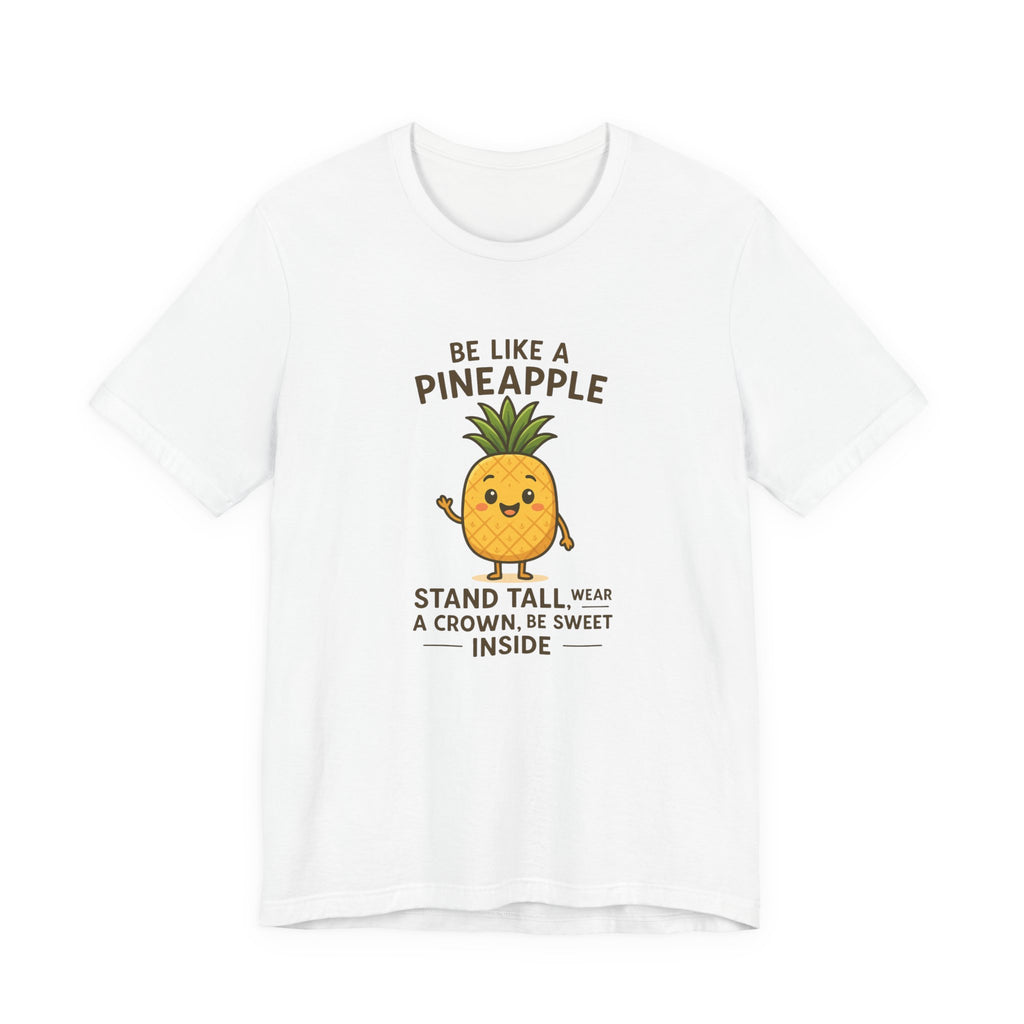 Cute cartoon pineapple character standing tall with a crown of leaves, surrounded by motivational quote text reading ‘Be like a pineapple: stand tall, wear a crown, be sweet inside’.