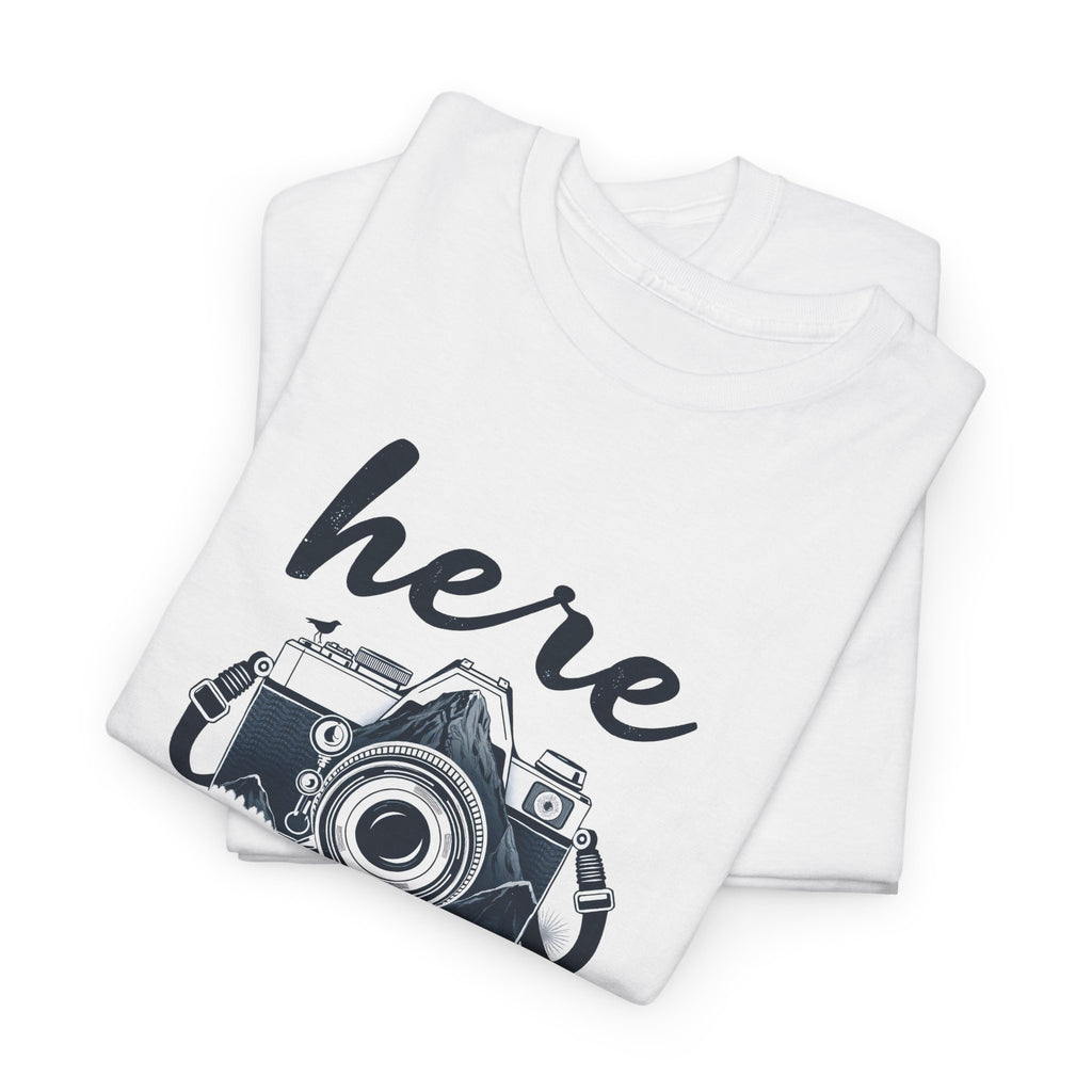 Hiking Tee — "Here for the View" Camera  And Mountain Graphic Shirt