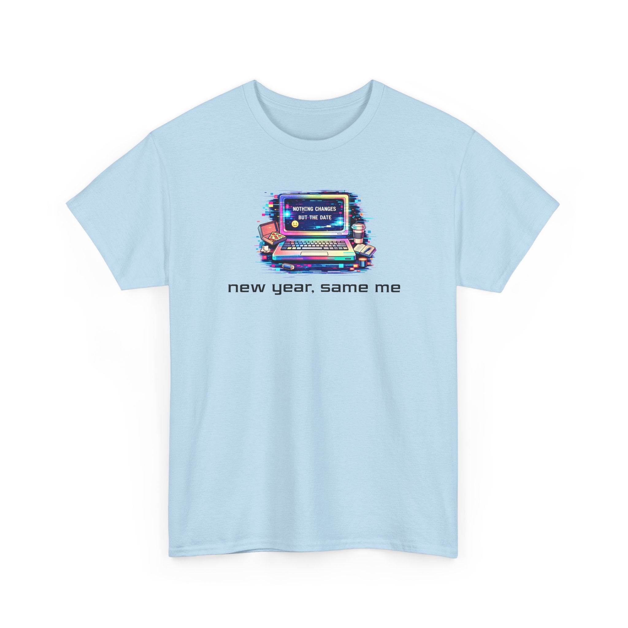 a colorful graphic of a laptop computer in y2k glitch style and text 'new year, same me'