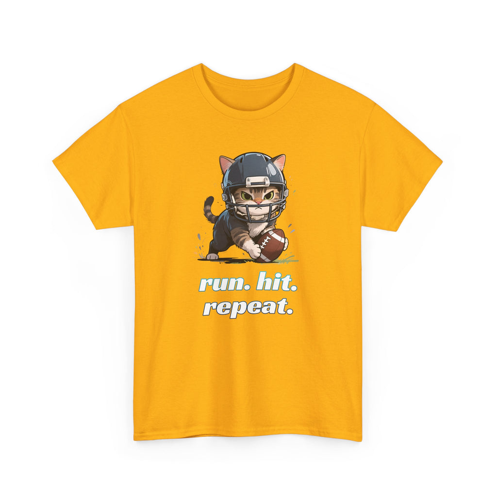 Funny Football Cat T-Shirt — "Run. Hit. Repeat." Cute Helmet Kitten Tee for Football Fans