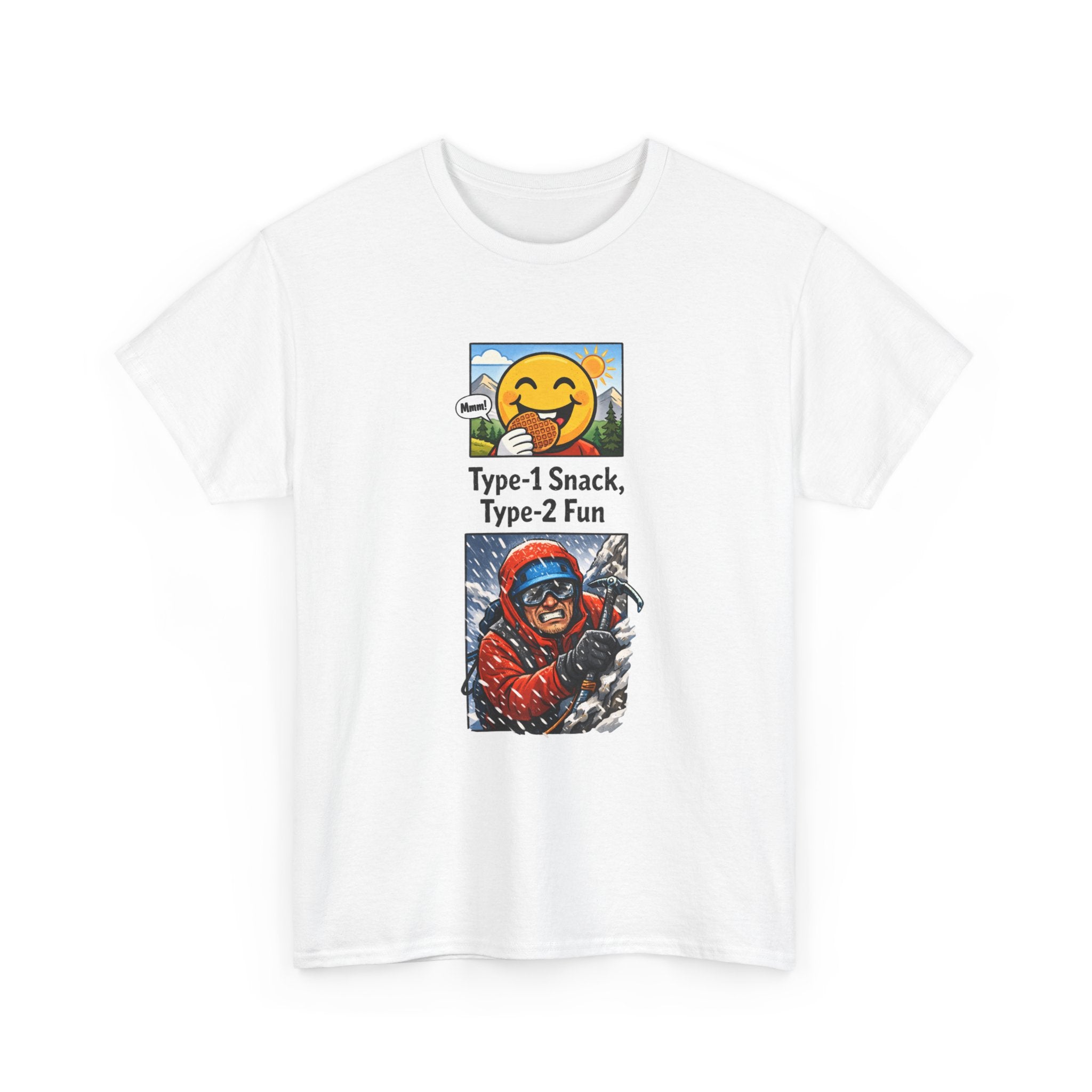 White t-shirt with a graphic design featuring a character hiking in snow  and text 'type 1 snack type 2 fun' on a white background