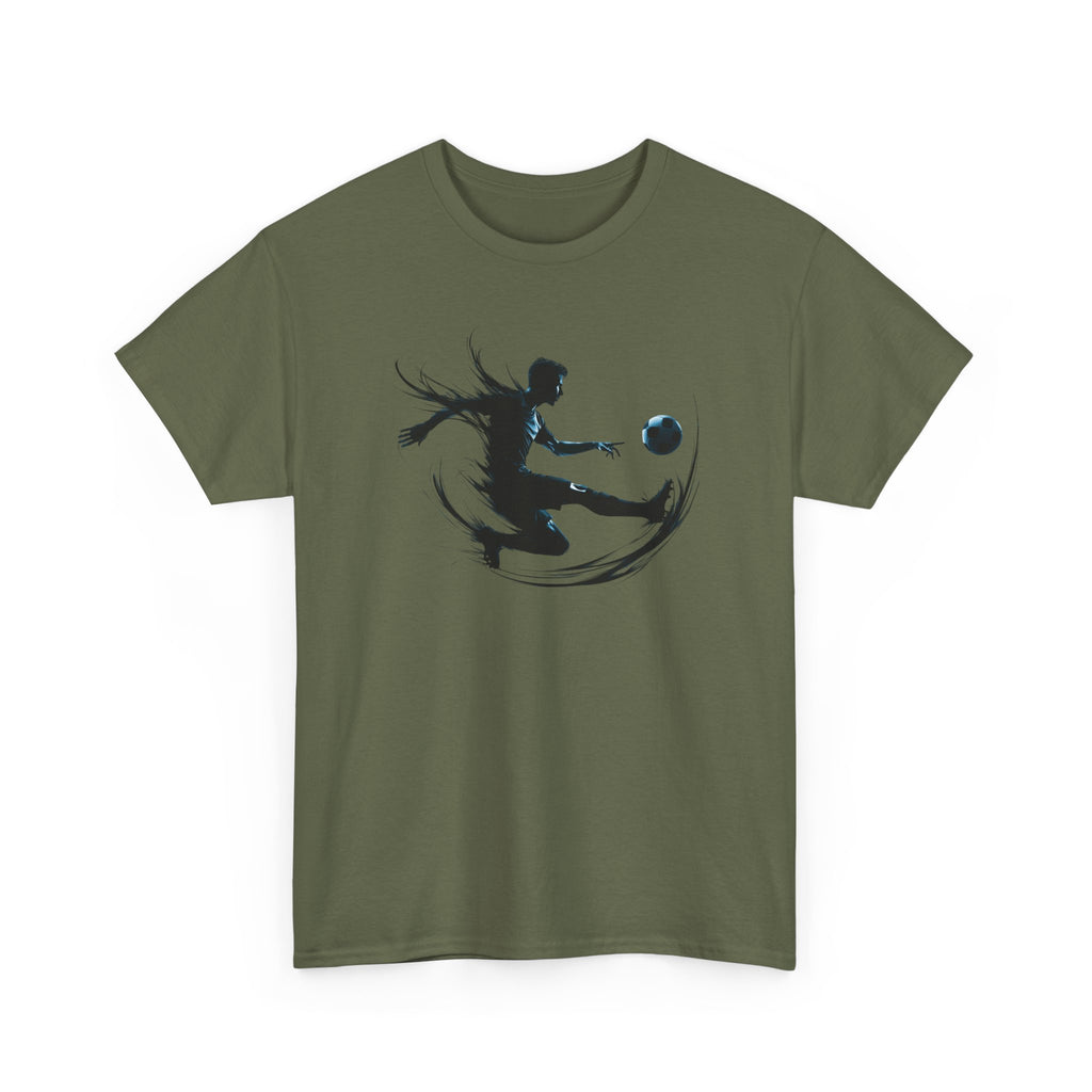 Soccer Player Silhouette Tee — Dynamic Kicking Football Graphic T-Shirt