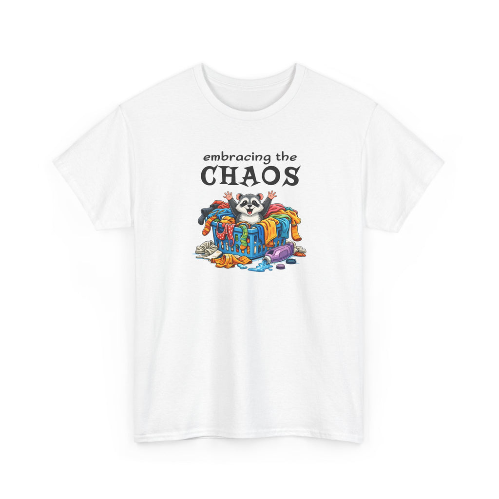 t-shirt with colorful graphic of a raccoon in a basket of laundry and 'embracing the CHAOS' text on a white background