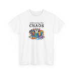 t-shirt with colorful graphic of a raccoon in a basket of laundry and 'embracing the CHAOS' text on a white background