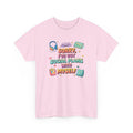 Pink t-shirt with colorful text and graphics, sorry i've got social plans with myself