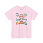 Pink t-shirt with colorful text and graphics, sorry i've got social plans with myself