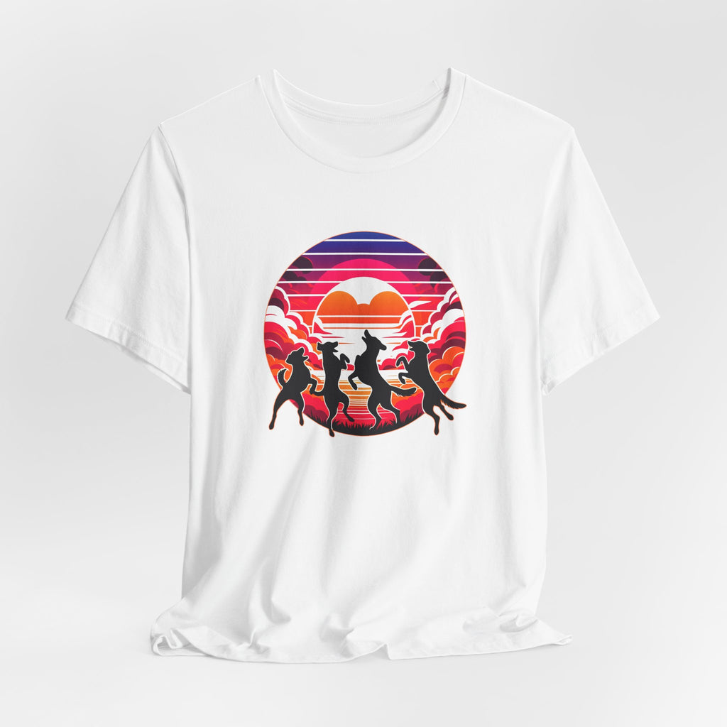 Retro Sunset Dancing Dogs T-Shirt — Vintage Rainbow Skyline Graphic Tee