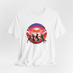 Retro Sunset Dancing Dogs T-Shirt — Vintage Rainbow Skyline Graphic Tee