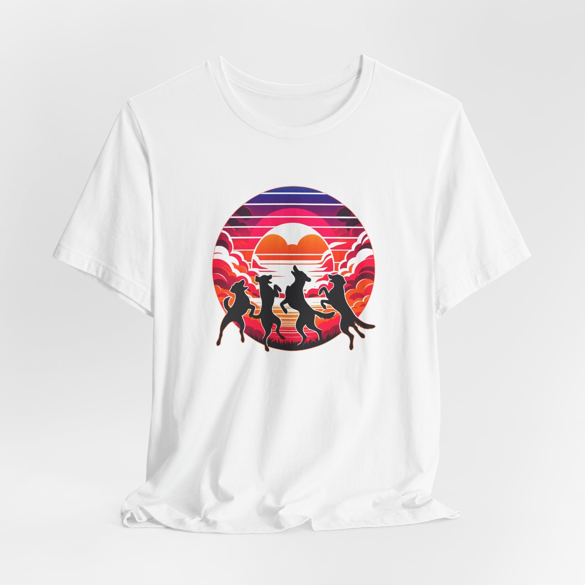 Retro Sunset Dancing Dogs T-Shirt — Vintage Rainbow Skyline Graphic Tee