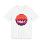 Retro synthwave-style artwork featuring silhouette dancing cats inside a glowing sunset circle, with vibrant pink, orange, and purple horizon lines.