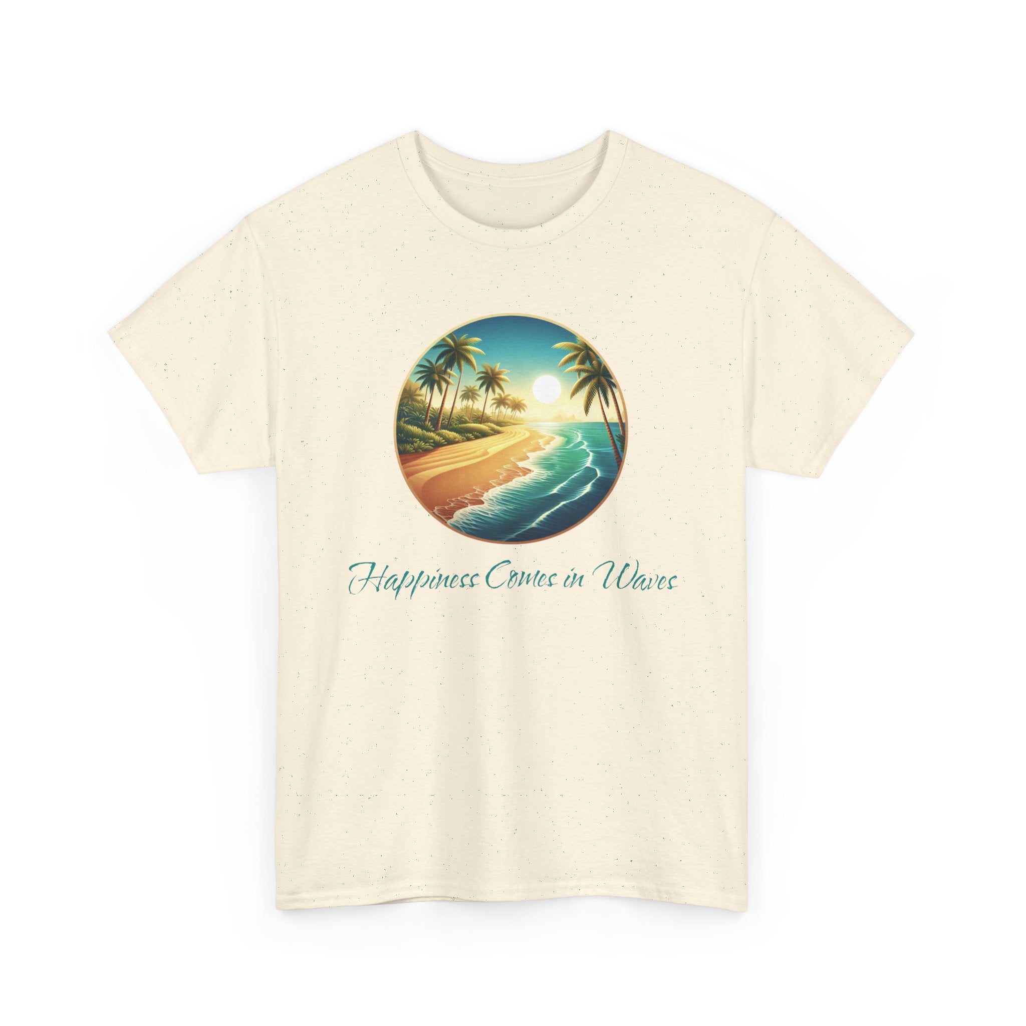 Beach Sunset T-Shirt — "Happiness Comes in Waves" Surf Graphic Tee
