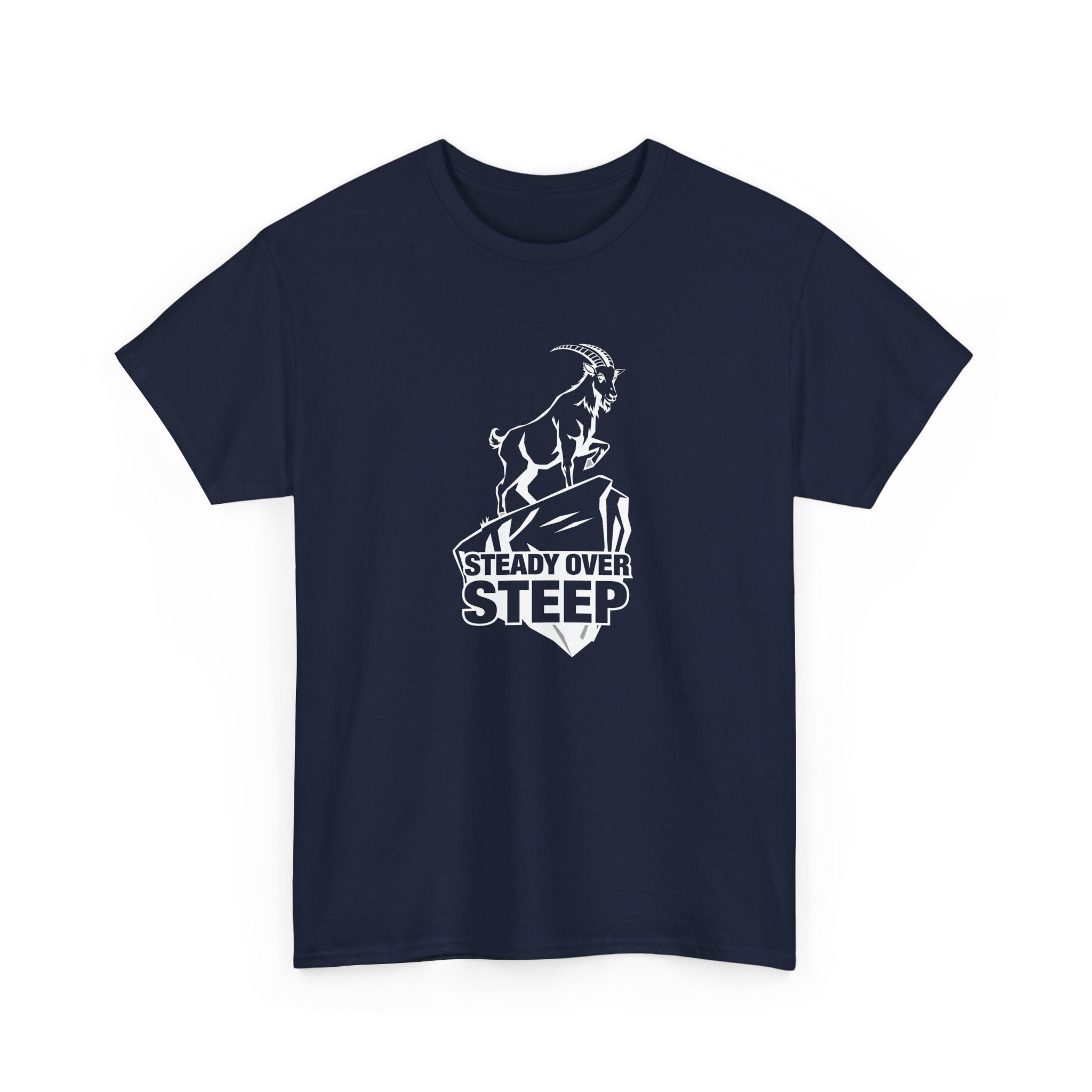 Steady Over Steep Mountain Goat T-Shirt — Motivational Hiking Logo Tee
