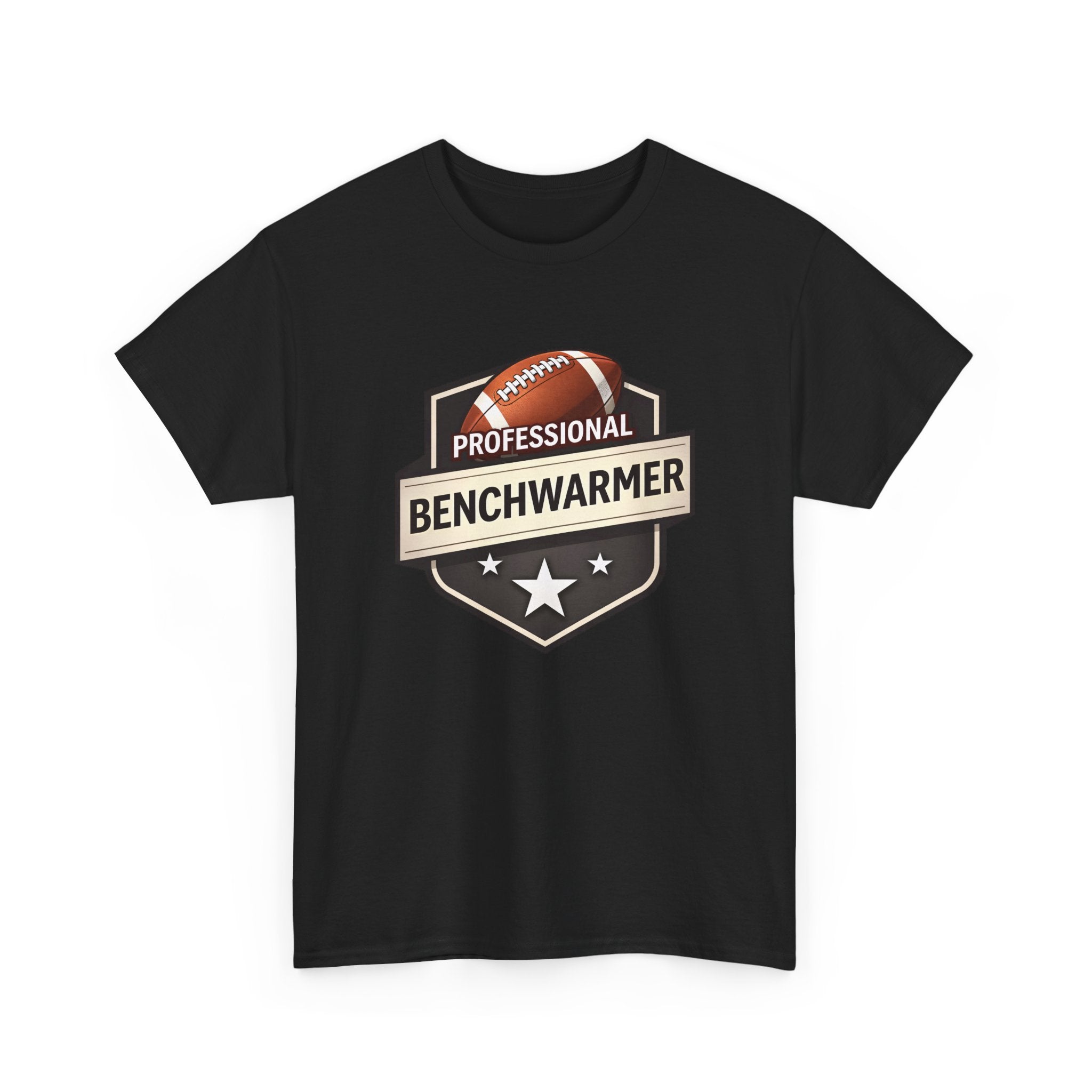 Black t-shirt with 'Professional Benchwarmer' graphic on a white background
