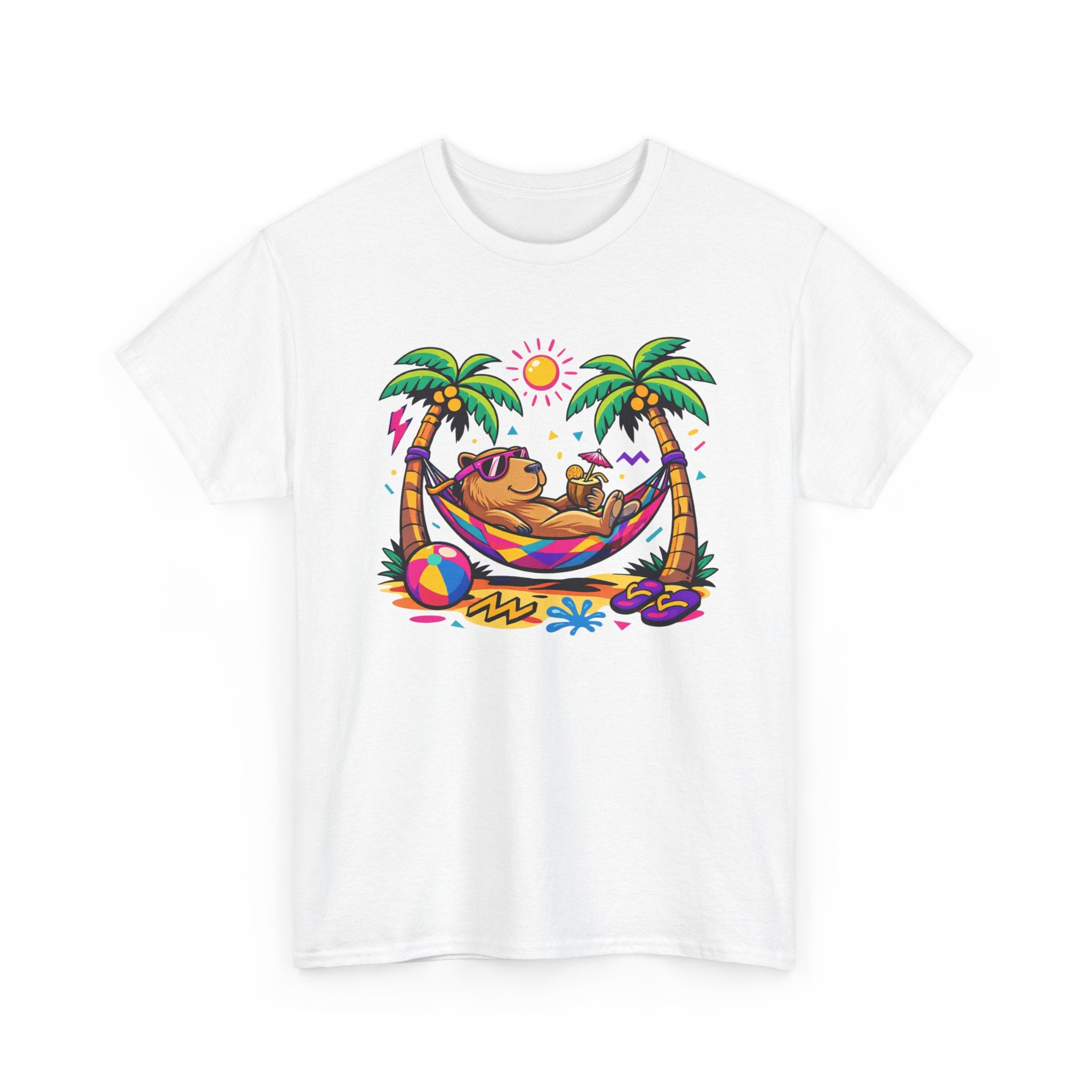 Light blue t-shirt with a colorful graphic of a capybara in a hammock between palm trees on a white background.