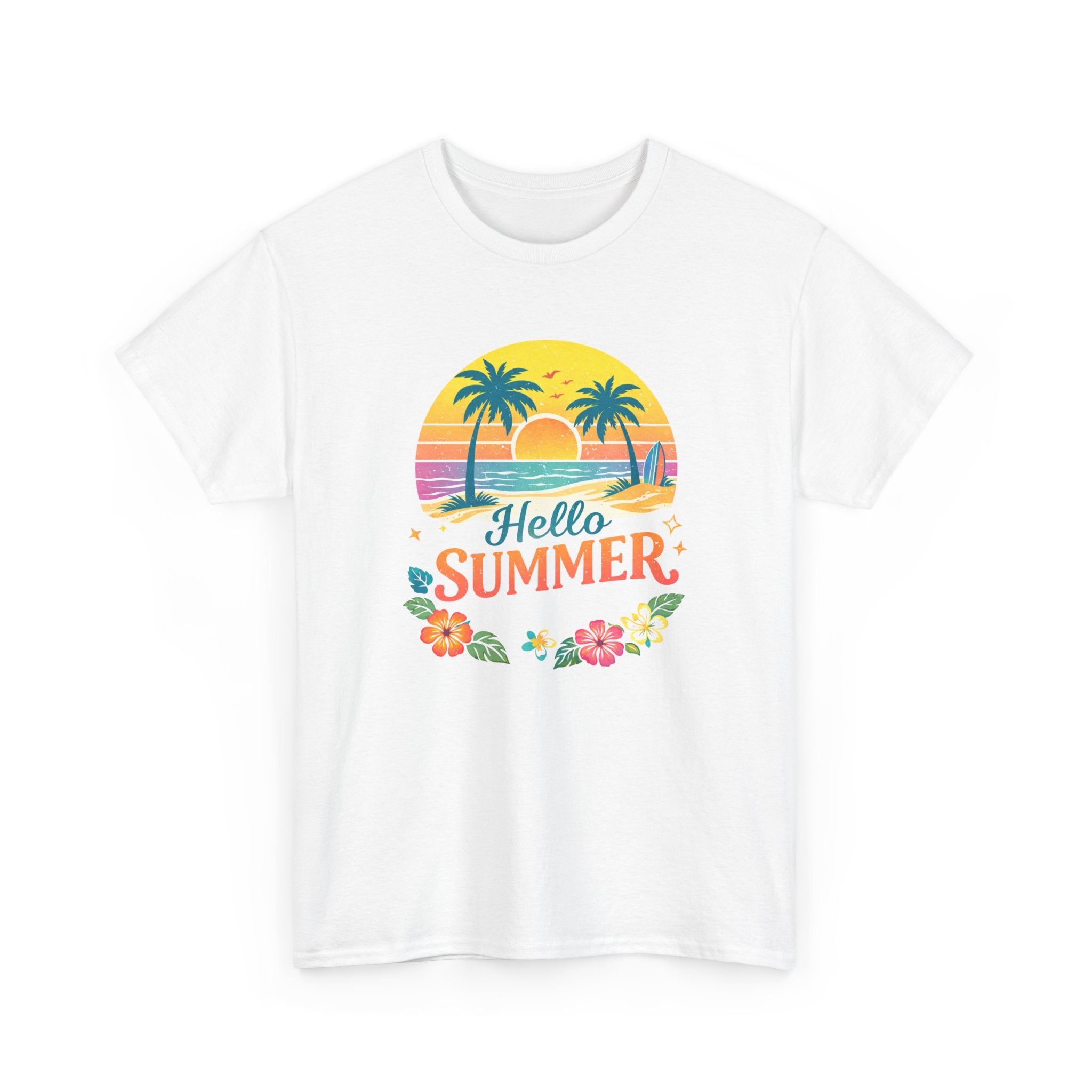 Hello Summer T-Shirt — Tropical Beach Palm Tree Graphic Tee