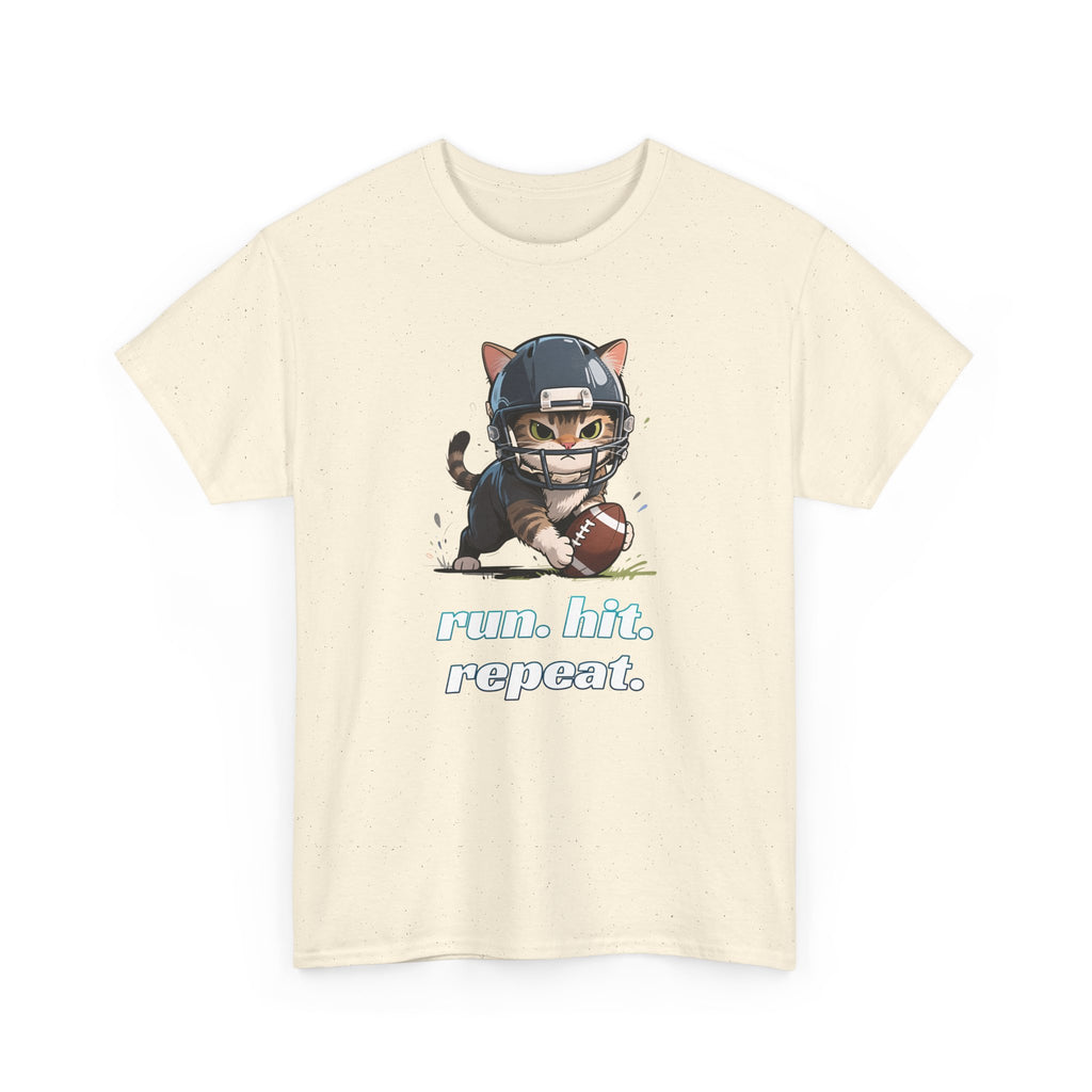 Funny Football Cat T-Shirt — "Run. Hit. Repeat." Cute Helmet Kitten Tee for Football Fans