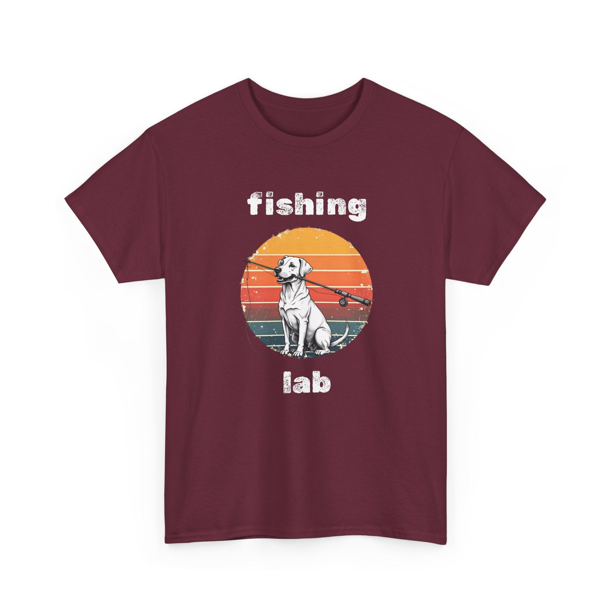 Fishing Lab T-Shirt — Retro Sunset Labrador Fishing Tee for Dog Lovers