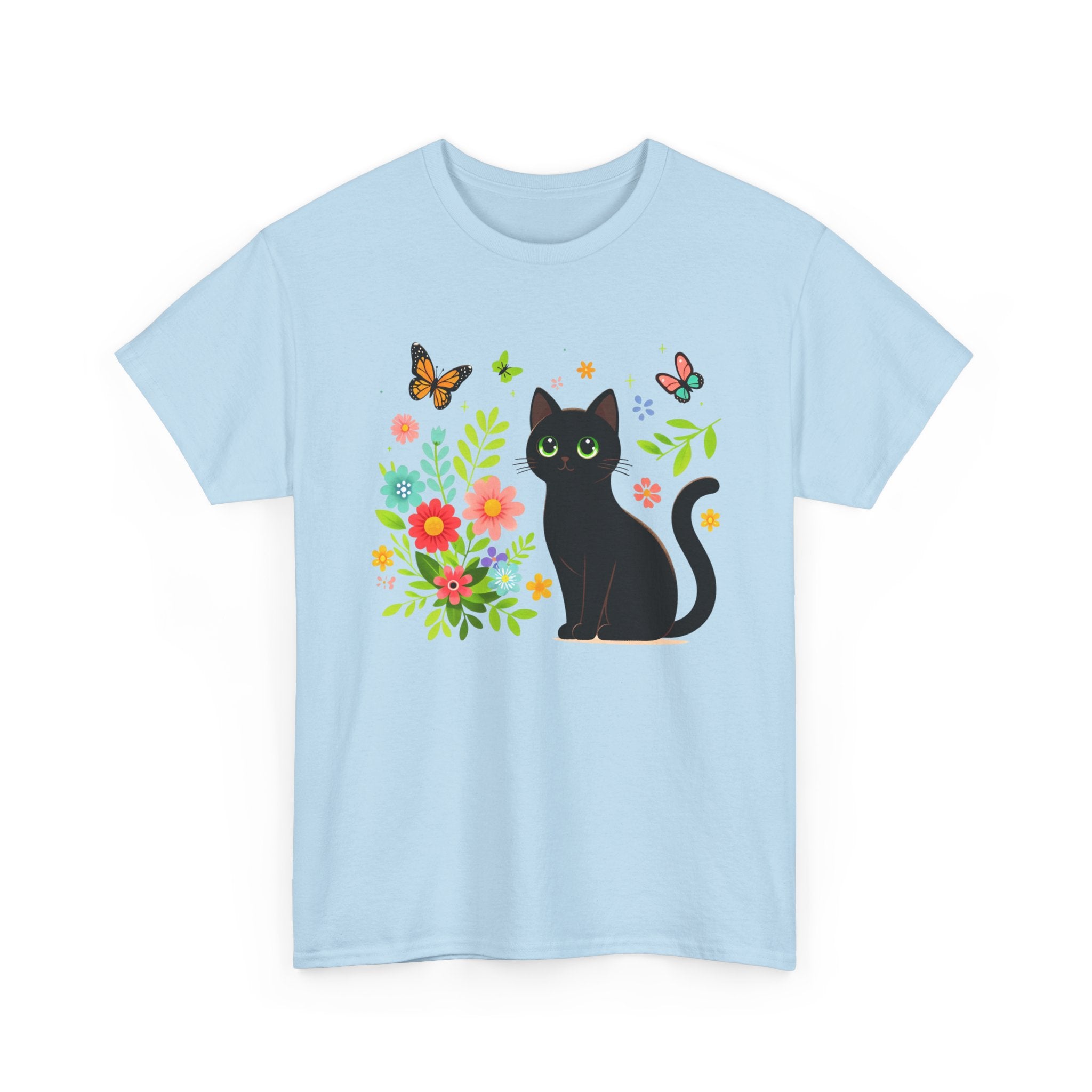 Black Cat Floral Tee - Cute Cat, Flowers & Butterflies Graphic T-Shirt