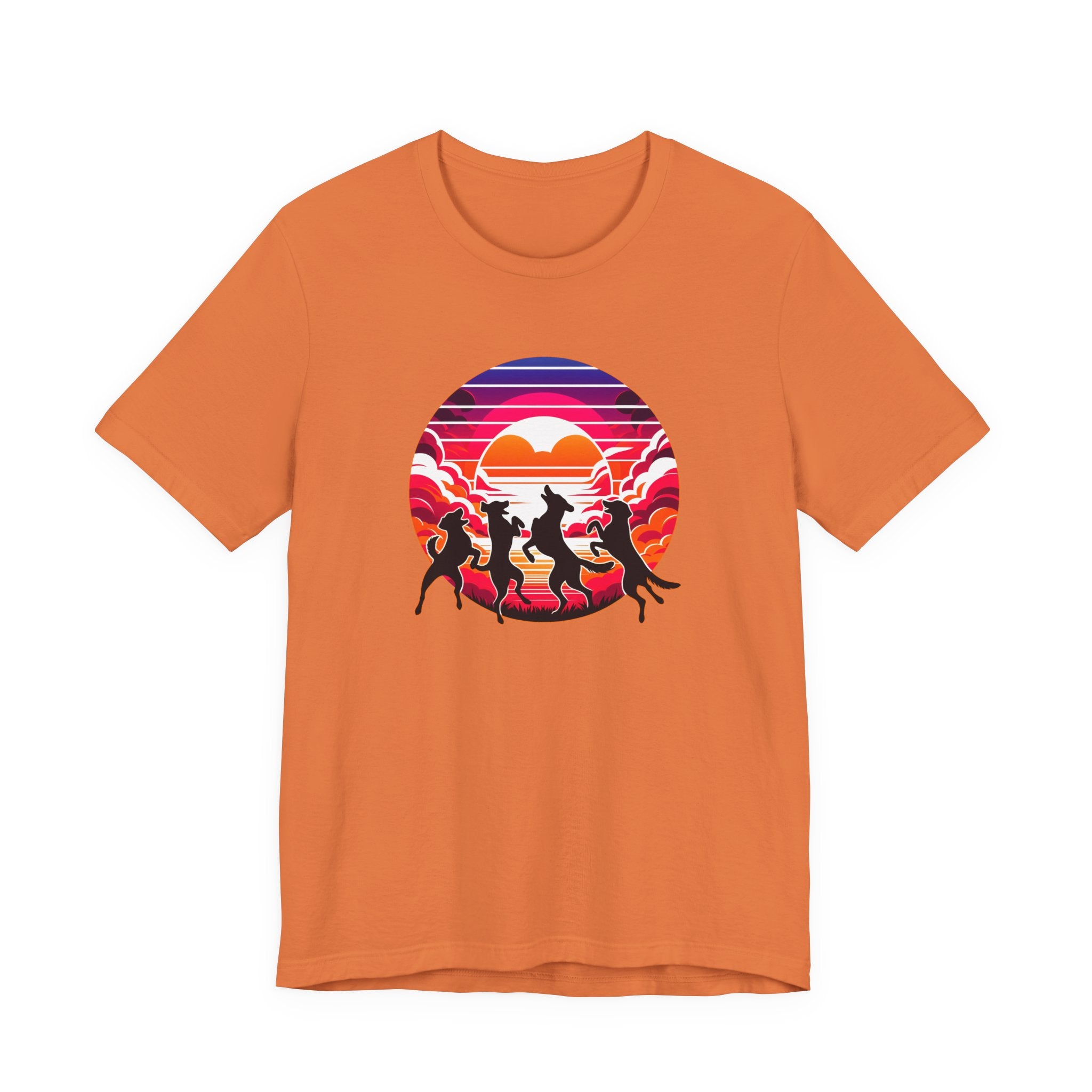 Retro Sunset Dancing Dogs T-Shirt — Vintage Rainbow Skyline Graphic Tee