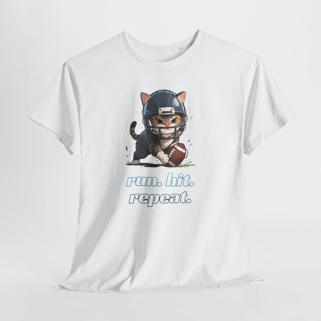 Funny Football Cat T-Shirt — "Run. Hit. Repeat." Cute Helmet Kitten Tee for Football Fans