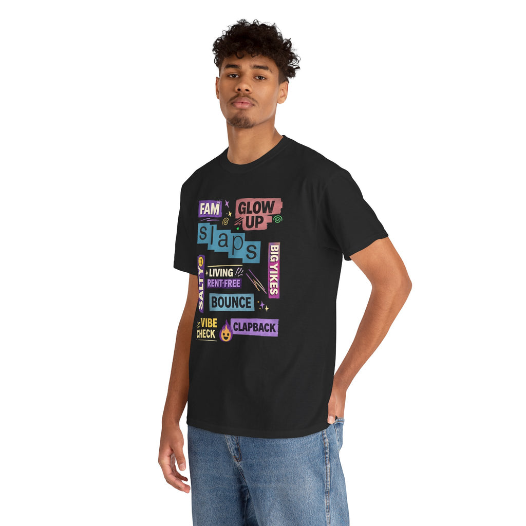 Gen Z Graphic Tee — Trendy Sticker-Style Words Design