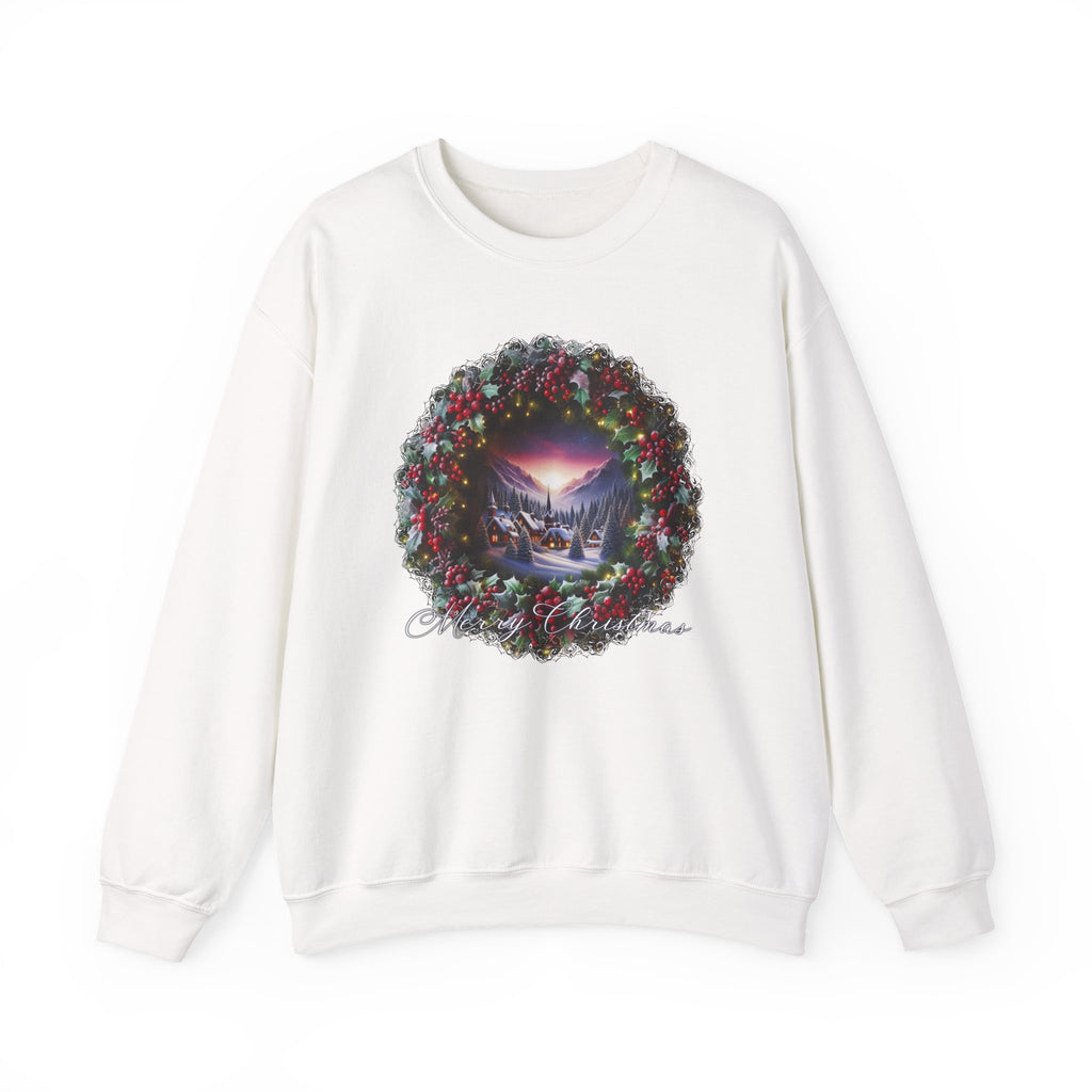 Festive Christmas wreath with holly, red berries, warm glowing lights, and a snowy mountain village scene in the center with the text ‘Merry Christmas