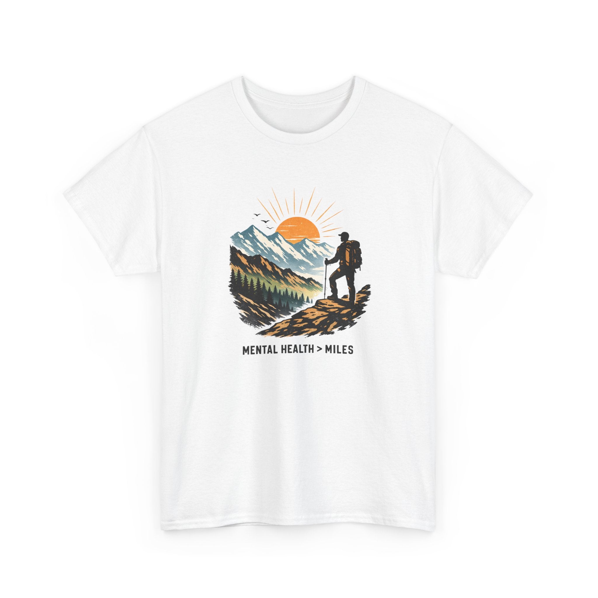 Hiking Graphic Tee — "Mental Health > Miles" Mountain Sunset Shirt