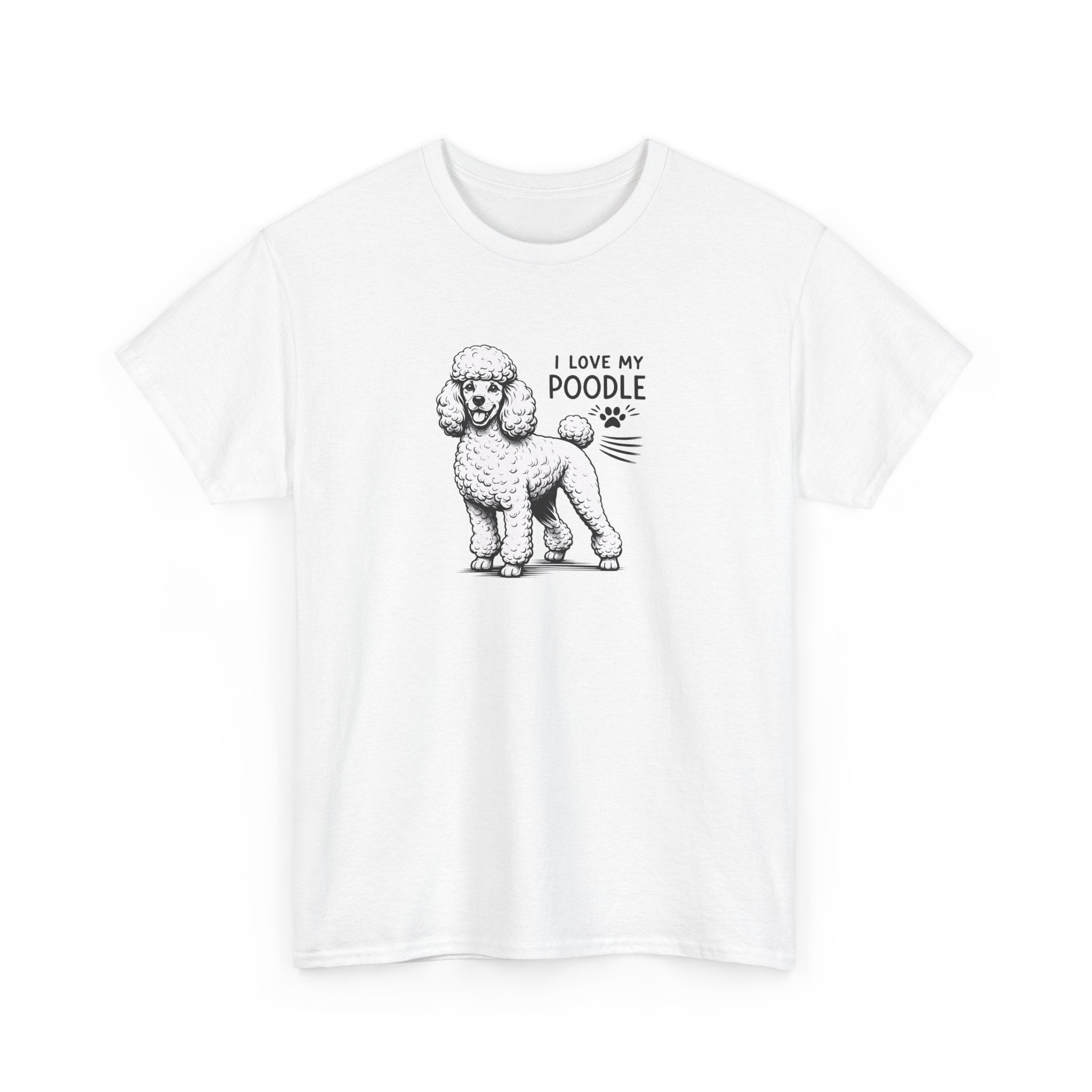 a black and white graphic of a poodle dog with the words 'i love my poodle'