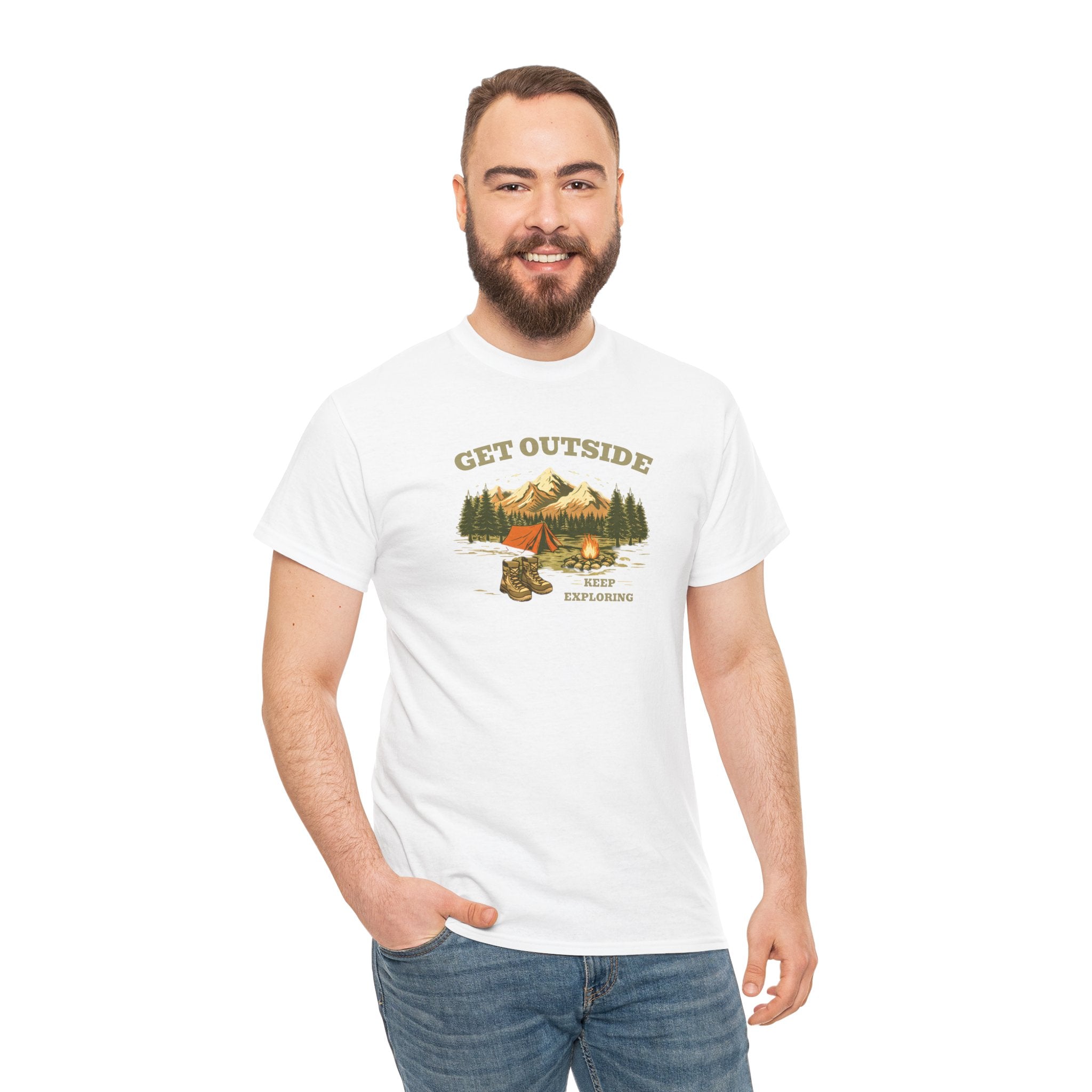 Get Outside Camping T-Shirt — Retro Mountain Tent & Campfire Tee