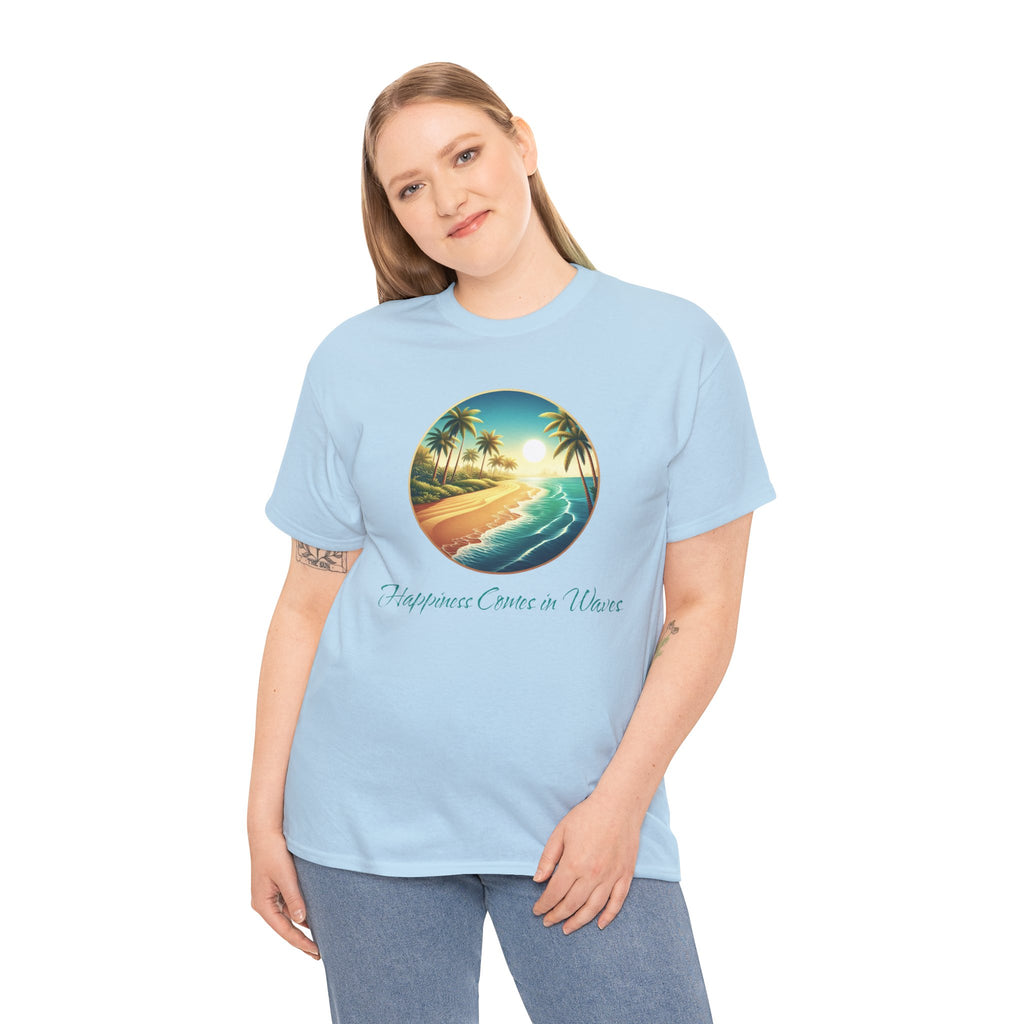 Beach Sunset T-Shirt — "Happiness Comes in Waves" Surf Graphic Tee