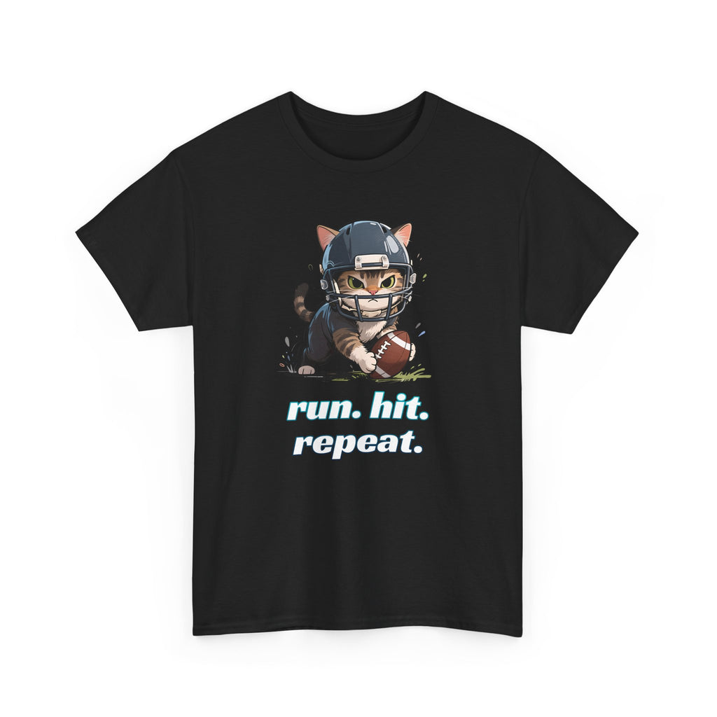 Funny Football Cat T-Shirt — "Run. Hit. Repeat." Cute Helmet Kitten Tee for Football Fans