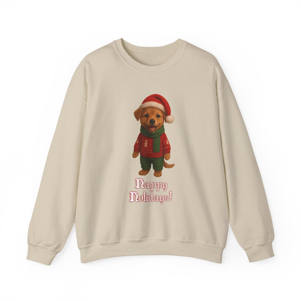 Crewneck Sweatshirt — Cute Puppy in Santa Outfit “Happy Holidays!” Christmas Sweater