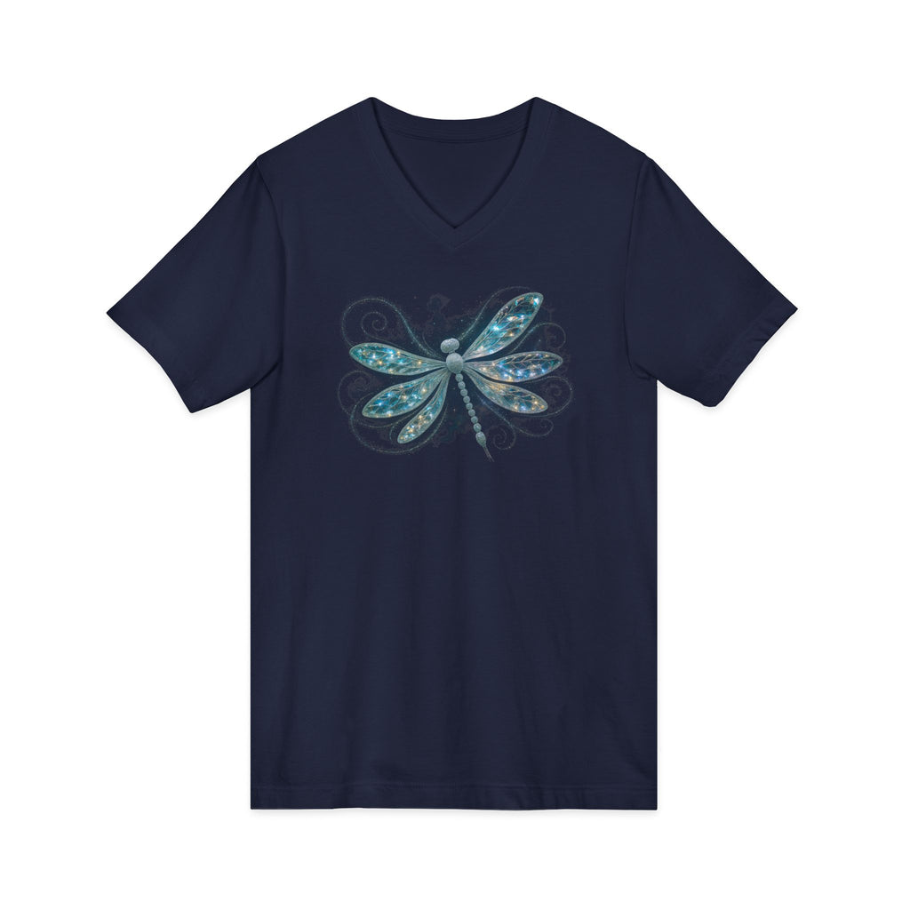 Dragonfly V-Neck Tee — Blue Glitter Floral Wing Graphic