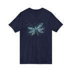 Dragonfly V-Neck Tee — Blue Glitter Floral Wing Graphic