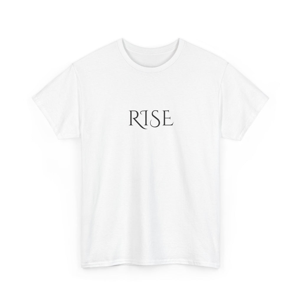 T shirt with the word 'rise' on the front and large metallic wings on the back.