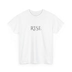 T shirt with the word 'rise' on the front and large metallic wings on the back.
