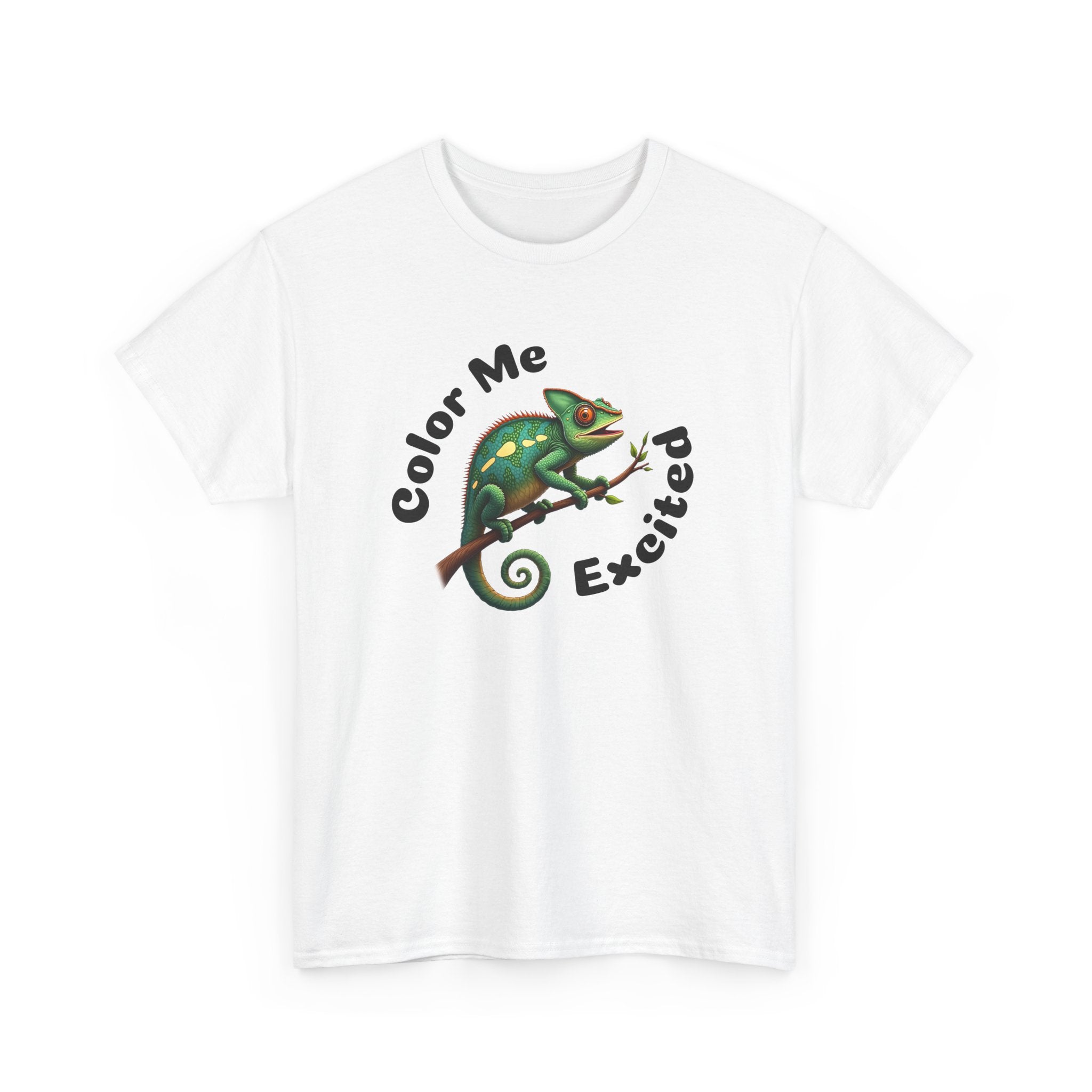 White t-shirt with a chameleon graphic and text 'Color Me Excited' on a white background