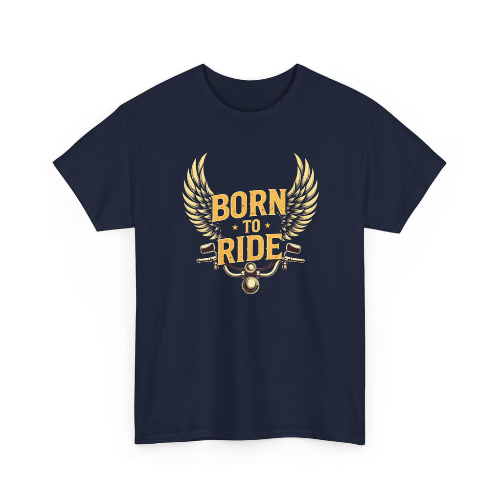 Navy blue t-shirt with 'Born to Ride' graphic design on a white background