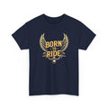 Navy blue t-shirt with 'Born to Ride' graphic design on a white background