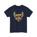 Navy blue t-shirt with 'Born to Ride' graphic design on a white background