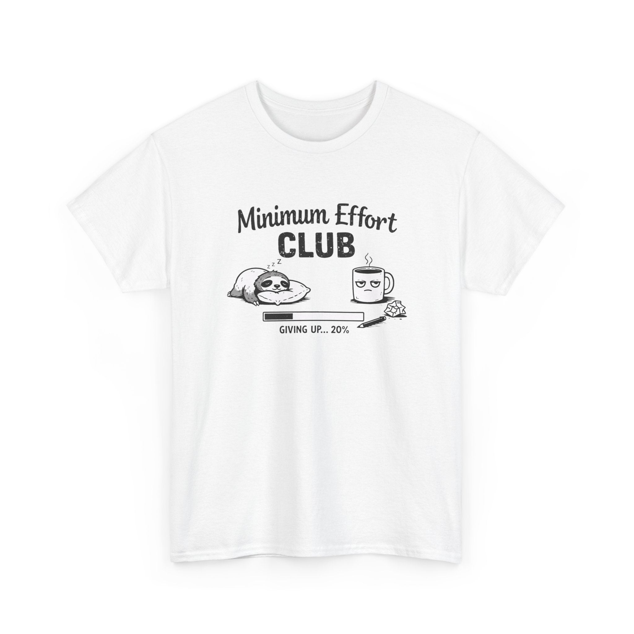 White t-shirt with black graphic and text 'Minimum Effort Club' on a white background