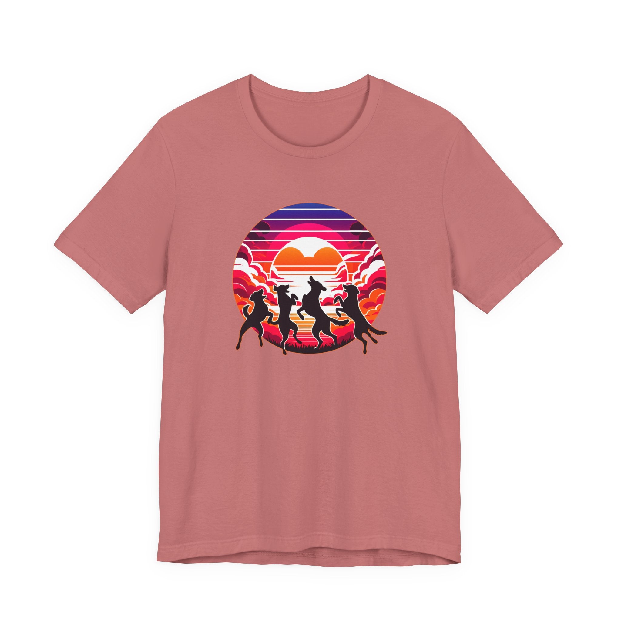 Retro Sunset Dancing Dogs T-Shirt — Vintage Rainbow Skyline Graphic Tee