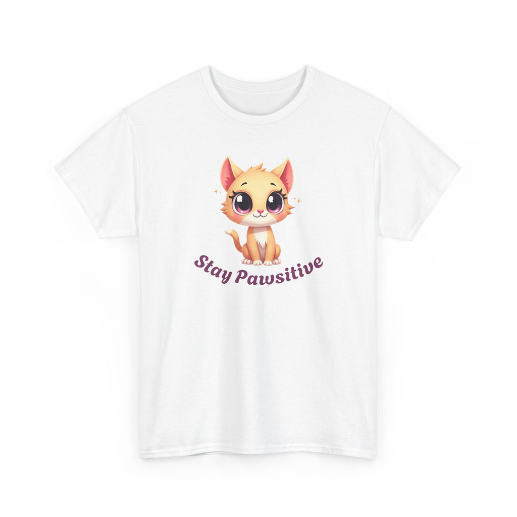 Cute cartoon kitten with big sparkling eyes and soft pastel fur, kawaii-style cat illustration conveying positivity and happiness, with the phrase 'stay pawsitive'