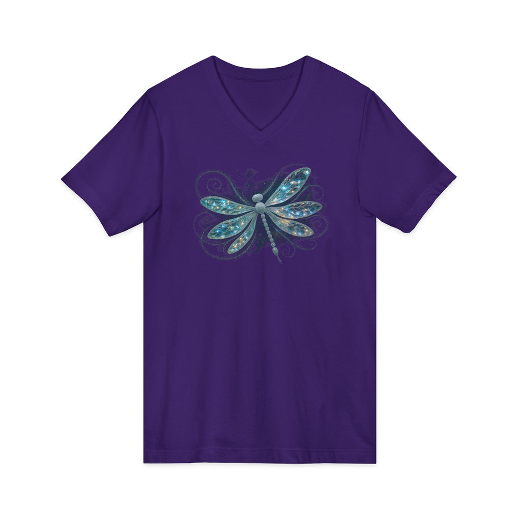 Dragonfly V-Neck Tee — Blue Glitter Floral Wing Graphic